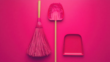 A set of bright pink cleaning tools, including a broom and dustpan, arranged neatly on a vibrant pink background, ideal for home cleaning concepts.の素材