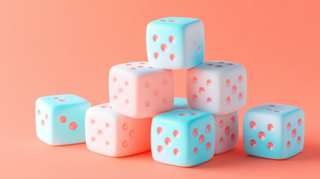 A visually appealing arrangement of pastel-colored dice stacked harmoniously against a soft coral background, perfect for conveying themes of fun and leisure.の素材