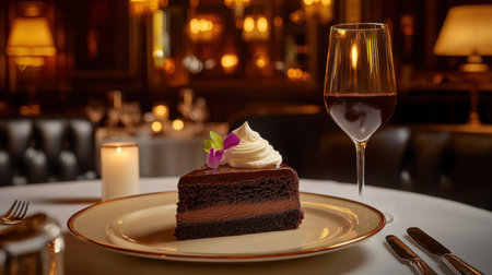 A slice of rich chocolate cake topped with whipped cream and garnished with a flower, paired with a glass of red wine in an upscale restaurant setting.の素材