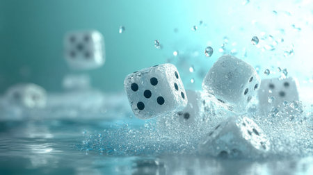A captivating image of dice splashing into water, creating bubbles and droplets in a serene blue environment, perfect for gaming and luck-themed projects.の素材