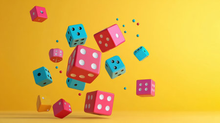 This image features a vibrant assortment of colorful dice falling through the air against a bright yellow backdrop. The dynamic composition captures the essence of playfulness and chance, ideal for game-themed designs and creative projects.の素材