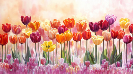 A breathtaking display of colorful tulips in a vibrant spring garden. This image captures the beauty of nature with soft lighting and a dreamy background. Perfect for floristry or outdoor themes.の素材