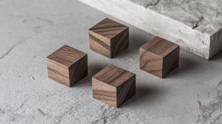 This image features four natural wooden cubes arranged on a textured concrete surface, ideal for showcasing minimalist design elements and artistic compositions.の素材