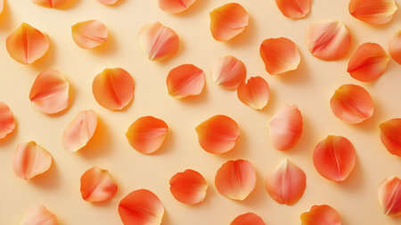 This image showcases a beautiful collection of delicate peach rose petals scattered on a soft cream background, perfect for adding a touch of elegance to any project.の素材