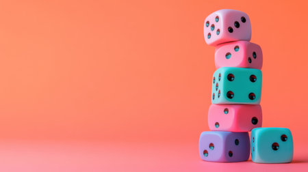 Brightly colored stacked dice on a soft pink background capture the essence of fun and leisure, perfect for games, creative projects, and playful themes.の素材