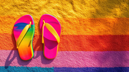A pair of bright and colorful flip flops rests on a vibrant striped beach towel, evoking feelings of summer joy and outdoor relaxation by the shore.の素材