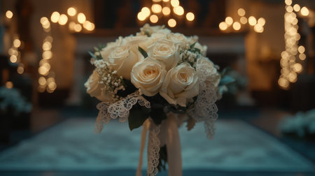 This stunning bouquet of white roses showcases elegance and beauty, surrounded by soft lighting to create a romantic atmosphere perfect for weddings or special events.の素材