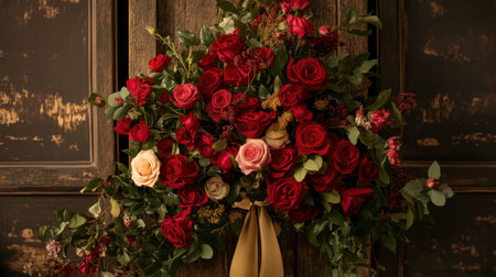 This stunning floral arrangement features an assortment of vibrant red and soft pink roses, elegantly combined with lush greenery, set against a rustic wooden background. Perfect for celebrations or home decor, this artwork captures the beauty of nature and romance in a charming and intimate setting.の素材