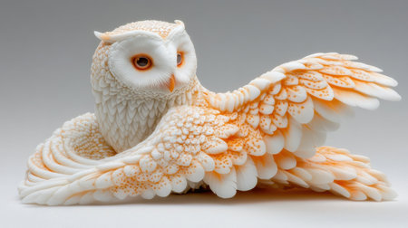This stunning carved owl sculpture showcases intricate feather details and a soft orange and white color palette, perfect for art enthusiasts and collectors.の素材