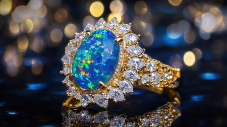 This exquisite gold ring showcases a captivating blue opal set at its center, surrounded by brilliant diamonds. The background's bokeh effect enhances the ring's luxurious appeal.の素材