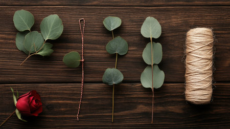 A creative flat lay featuring eucalyptus leaves, a red rose, crafting wire, and jute twine on a rustic wooden surface. Perfect for floral arrangement inspiration.の素材