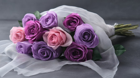 A stunning bouquet of pink and purple roses elegantly wrapped in soft fabric, perfect for various celebrations and romantic occasions, showcasing beauty and grace.の素材