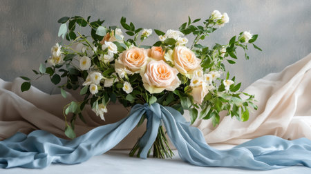 This stunning bouquet features soft peach roses surrounded by delicate white flowers and lush greenery, elegantly arranged on draped fabric. Perfect for special occasions.の素材