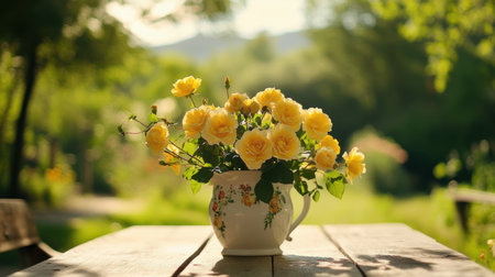 A stunning bouquet of yellow roses arranged in a vintage ceramic pitcher sits on a wooden table, creating a charming focal point in a beautiful garden setting.の素材