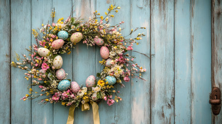 A beautifully crafted Easter wreath featuring colorful eggs and delicate spring flowers, perfect for festive celebrations and seasonal home dの素材
