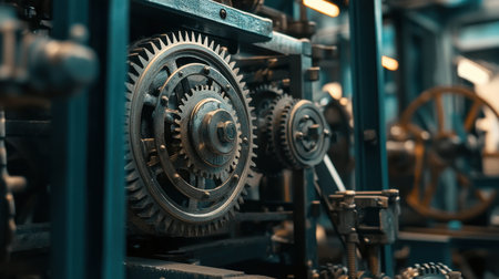 This close-up photograph showcases intricate gears within a vintage mechanical machine, highlighting the beauty of industrial design and engineering precision.の素材