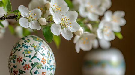 This artistic composition features a beautifully decorated Easter egg with a floral design, set against a backdrop of blooming apple tree branches, symbolizing spring and renewal.の素材