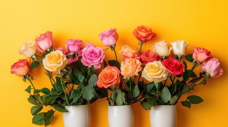 A stunning display of various colored roses in elegant white vases, set against a vivid yellow backdrop, perfect for adding a cheerful touch to any space.の素材