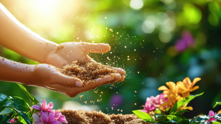 A pair of hands gently releasing soil particles in the sunlight, surrounded by vibrant flowers, showcasing the beauty of gardening and nurturing nature.の素材