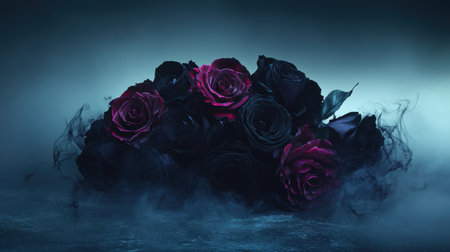 A captivating arrangement of black and deep red roses, enveloped in a smoky atmosphere, creates a mysterious and dramatic visual perfect for artistic themes.の素材
