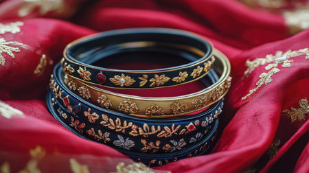 This exquisite image features a collection of elegant bangles resting on rich red fabric adorned with intricate gold embroidery, showcasing cultural beauty.の素材
