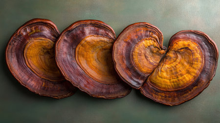 This image showcases three vibrant slices of Ganoderma lucidum mushrooms against a rich green background, highlighting their unique textures and colors.の素材