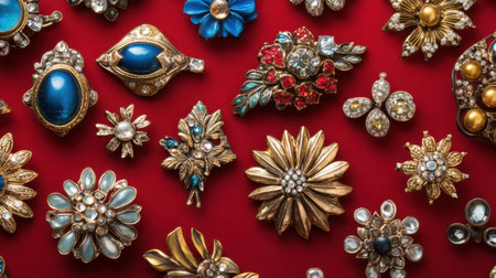 A captivating arrangement of assorted vintage brooches and pins showcased on a rich red background, perfect for highlighting jewelry craftsmanship and style.の素材