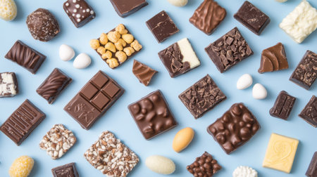 A beautiful flat lay of assorted chocolates and candies on a soft blue background, showcasing a variety of textures and shapes, perfect for dessert lovers.の素材