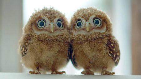 This enchanting image captures two young owls with fluffy feathers and large, expressive eyes. They display a charming bond, showcasing their innocence and curiosity.の素材