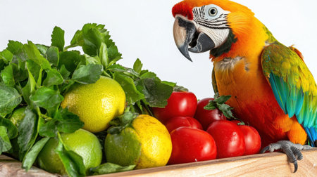 A vibrant parrot perched next to a selection of fresh vegetables, including limes and tomatoes, in a wooden tray, showcasing rich colors and healthy options.の素材