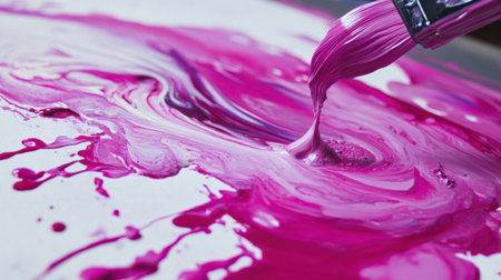 A close-up view of a paintbrush swirling rich pink and white paint on a canvas, showcasing a dynamic interplay of colors and textures in an artistic setting.の素材
