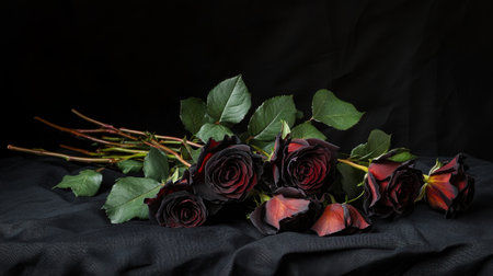 A stunning still-life arrangement featuring dark red roses with lush green leaves set against a contrasting black background. Ideal for floral-themed projects.の素材