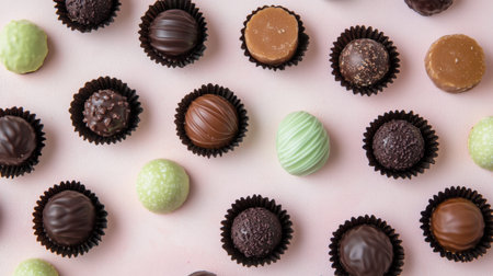 This image features a delightful assortment of chocolates arranged beautifully on a soft pink background, showcasing varying shapes, textures, and colors.の素材
