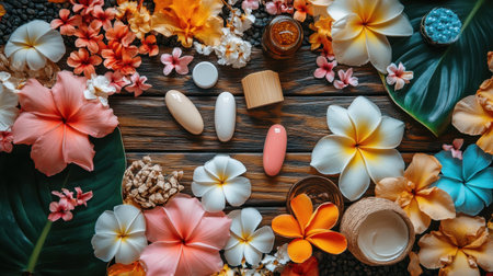 Lush floral arrangement featuring assorted beauty products on a wooden surface, perfect for illustrating skincare, spa, and wellness themes in a vibrant, natural setting.の素材