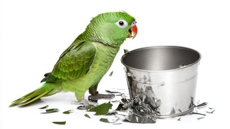 A vibrant green parrot stands beside a metal bucket with shredded paper around it. This playful bird captures the essence of curiosity and mischief in a studio setting.の素材