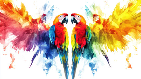 This stunning illustration features two colorful parrots surrounded by vibrant brushstrokes. The artwork captures the essence of tropical wildlife with vivid hues.の素材