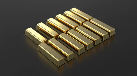 A stunning arrangement of polished gold bars on a sleek dark surface, showcasing the elegance and wealth associated with precious metals. Perfect for finance themes.の素材