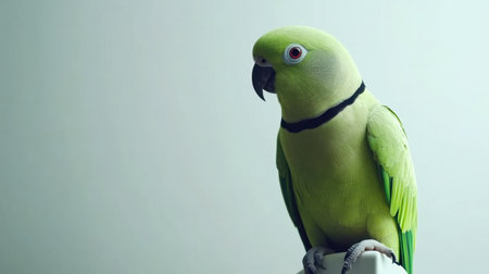 This stunning image features a vibrant green parrot perched elegantly against a soft, neutral background. The intricate details of its feathers and striking red eyes create a captivating visual experience, perfect for wildlife enthusiasts and nature lovers.の素材