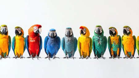 A row of ten macaw birds showcasing their stunning colors and unique features against a simple background. Perfect for wildlife and nature enthusiasts.の素材