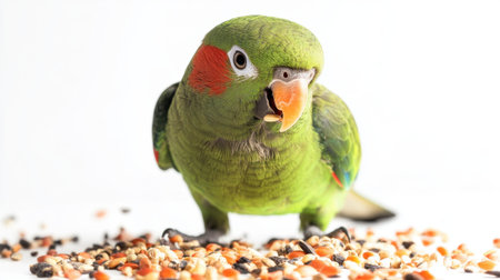 A captivating close-up of a bright green parrot enjoying a seed feast on a white background, showcasing its vibrant feathers and playful personality.の素材