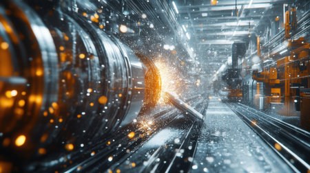 This captivating image depicts a dynamic industrial scene featuring sparks and light effects from high-speed precision machinery, showcasing modern manufacturing.の素材