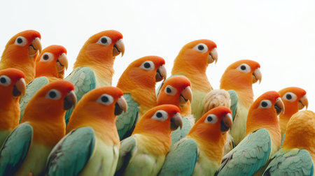 A vibrant group of colorful parrots with striking orange and green feathers is perched together, creating a lively scene filled with natural beauty.の素材