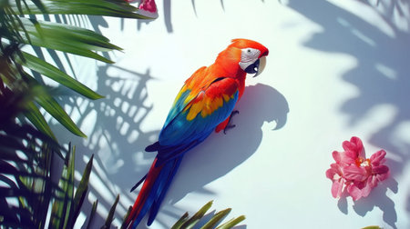 A beautiful scarlet macaw showcases its vibrant feathers while perched among lush tropical foliage and exotic flowers, creating a stunning nature scene.の素材