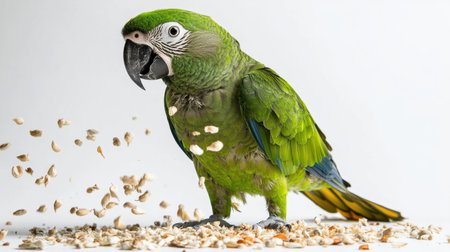 A vibrant green parrot perched against a white background, surrounded by scattered seeds, showcasing its colorful feathers and playful nature.の素材