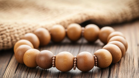 A beautifully crafted wooden bracelet featuring round beads, resting on a rustic wooden surface with a textured fabric background, perfect for casual wear.の素材