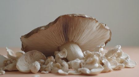A fresh edible mushroom is artistically displayed on a light surface, surrounded by smaller mushroom pieces. The earthy tones evoke natural beauty and culinary delight.の素材