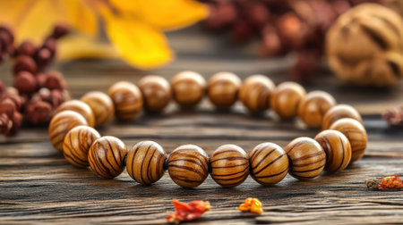 This stunning wooden bracelet showcases intricate designs and warm tones, set against a rustic background with autumn elements. Perfect for fashion lovers.の素材