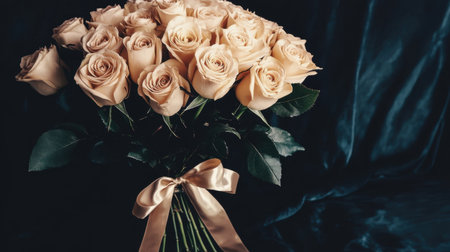 This image features a stunning bouquet of soft beige roses elegantly arranged with lush greenery, tied with a satin ribbon, creating a romantic atmosphere.の素材