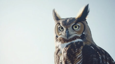 A stunning close-up of a majestic owl showcases its striking eyes and intricate feather detail. The serene setting enhances the natural beauty of wildlife.の素材