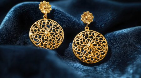 This stunning pair of gold filigree earrings showcases intricate floral designs, perfect for adding elegance to any outfit, against a rich blue fabric backdrop.の素材
